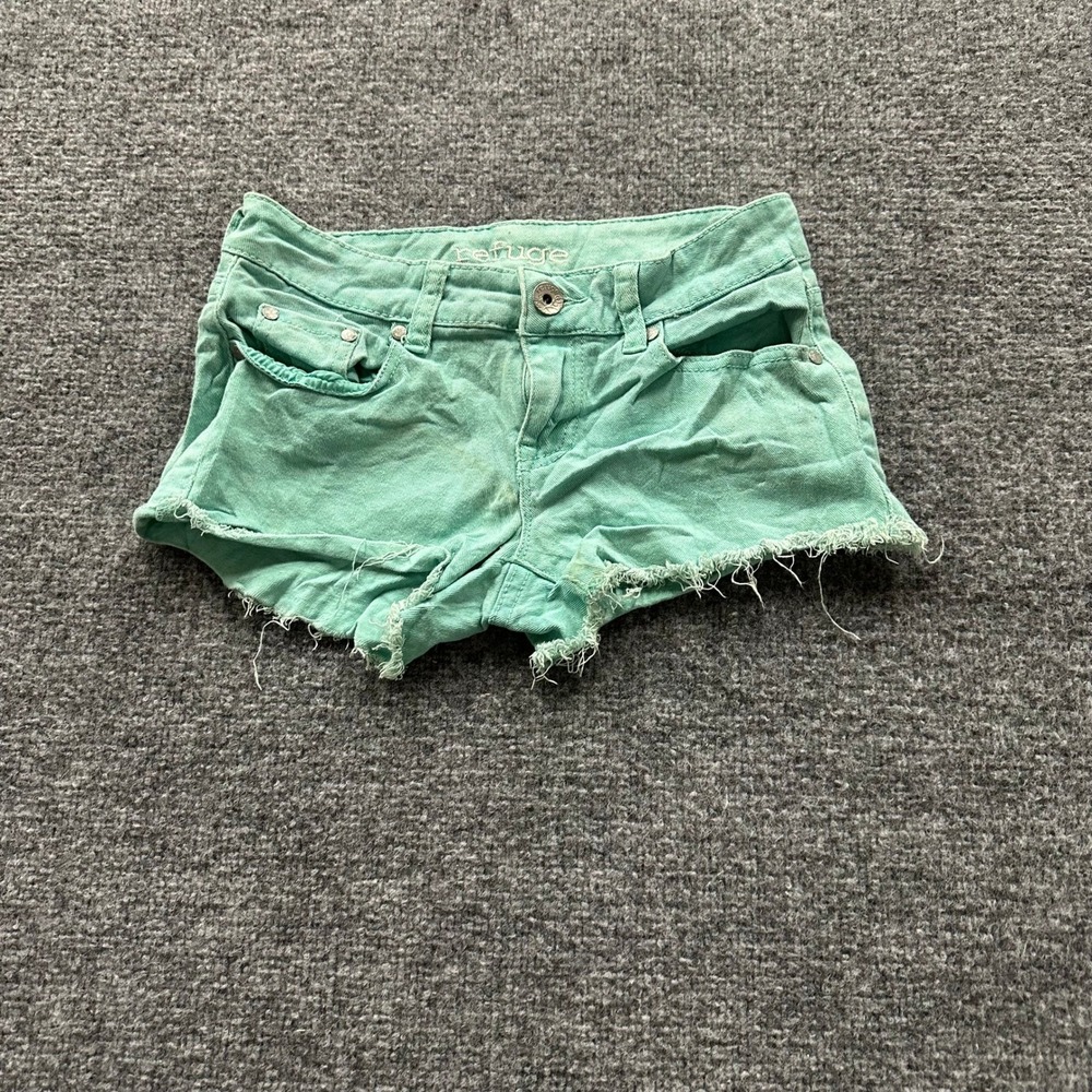 Refuge Denim Shorts Womens Size 0 Teal Green Raw Hem Frayed Casual Stretch